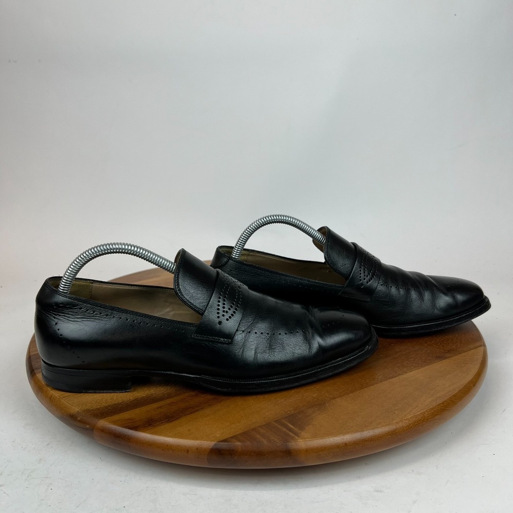 Mens Gucci Black Leather Perforated Accent Penny Loafers Shoes Size UK 7 US 8
